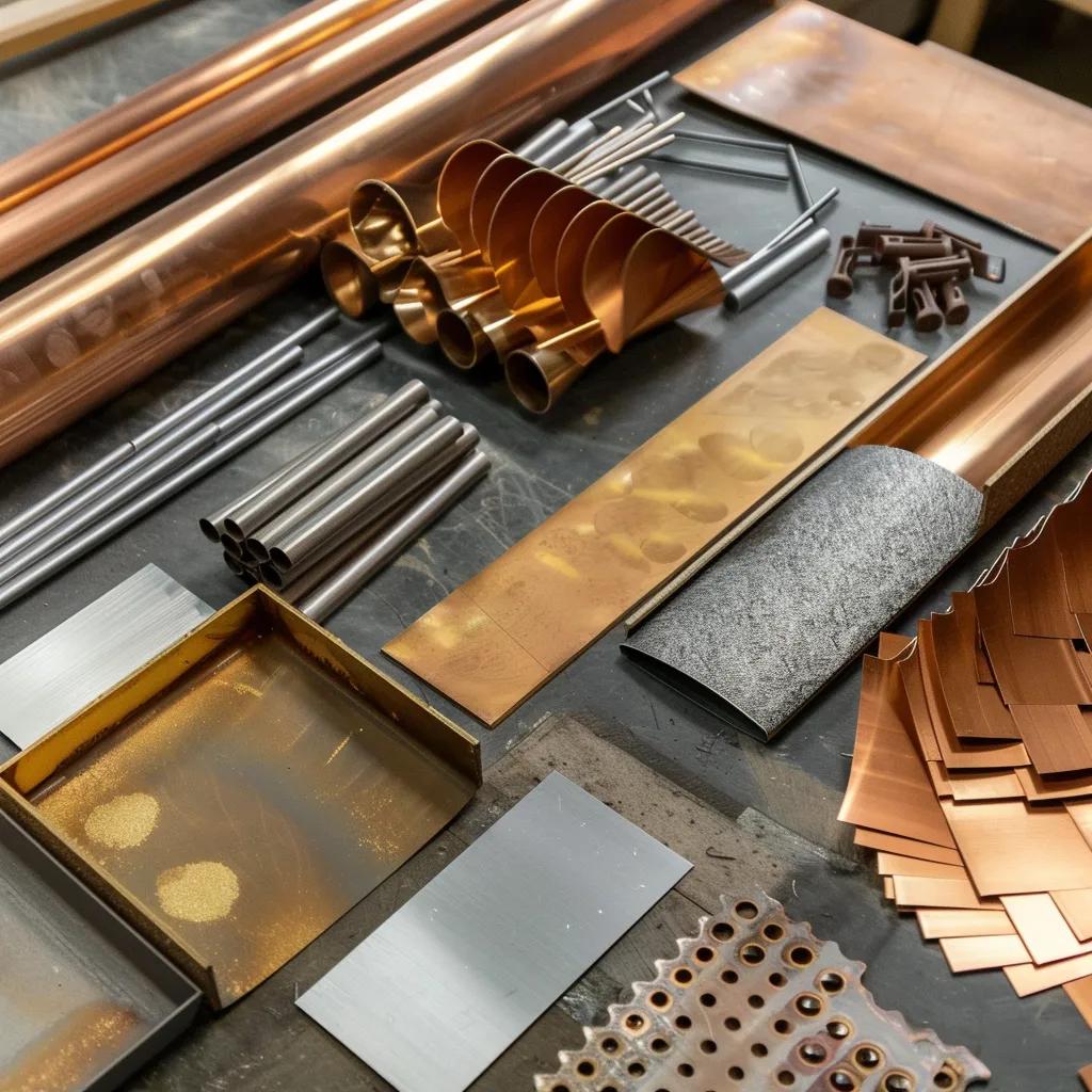 Different types of gutter systems including seamless aluminum, copper, and steel samples