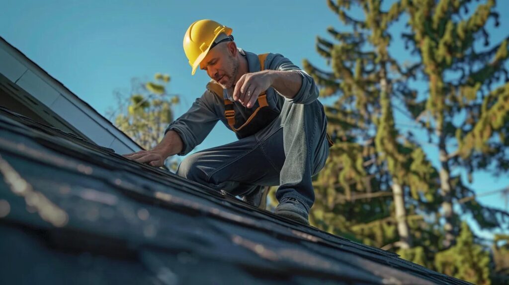 a skilled roofing professional inspects a sturdy, urban home roof under bright artificial lighting, surrounded by essential tools for maintenance and repairs that emphasize proactive home care.