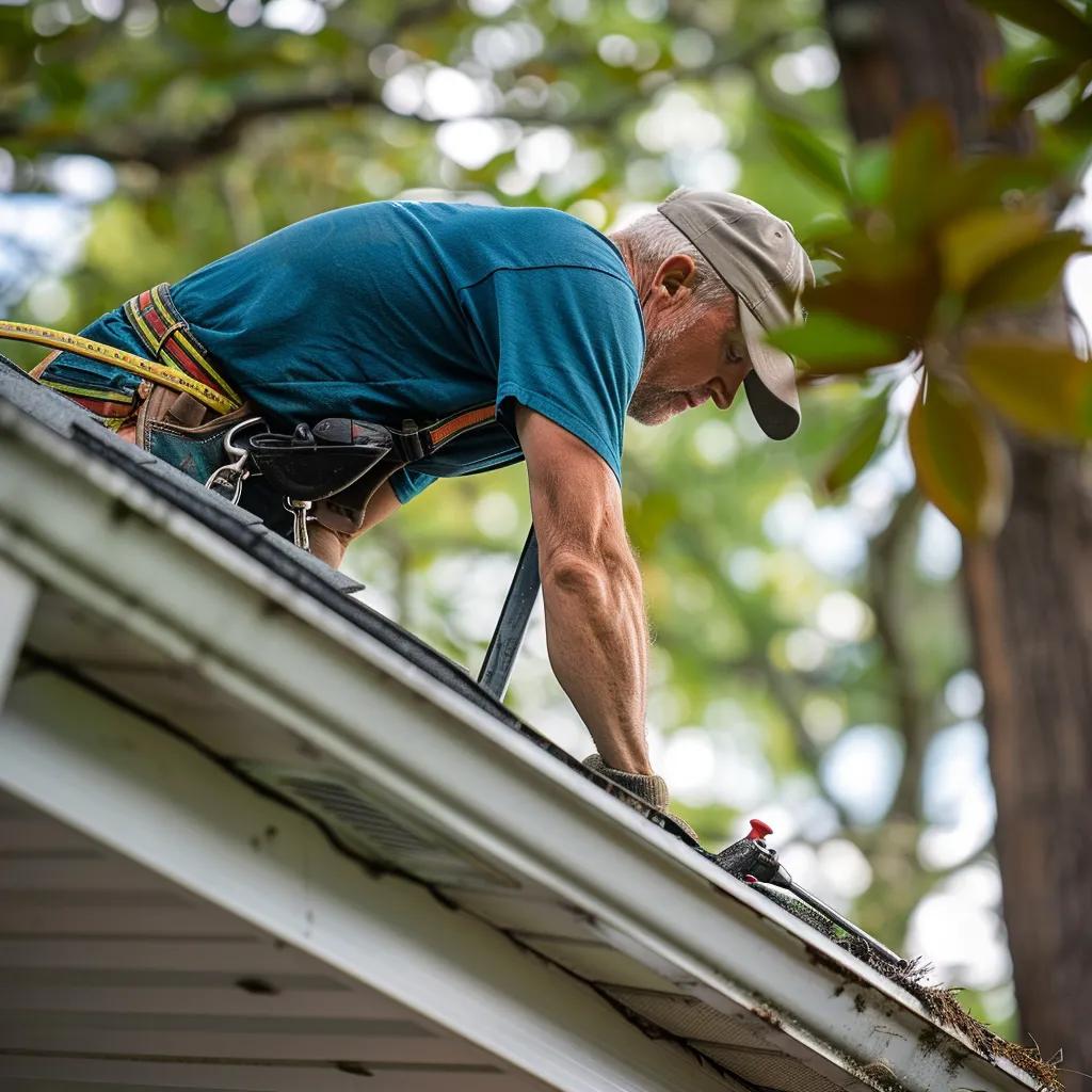 Homeowner performing roof maintenance tasks like cleaning gutters and inspecting shingles