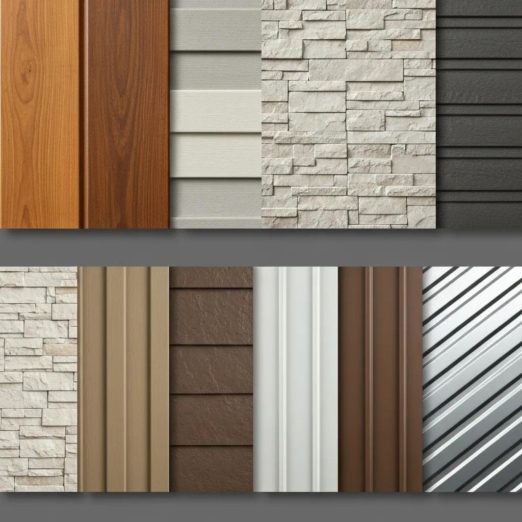 Comparison of durable siding materials including fiber cement, vinyl, engineered wood, metal, and stone veneer, showcasing their textures and colors