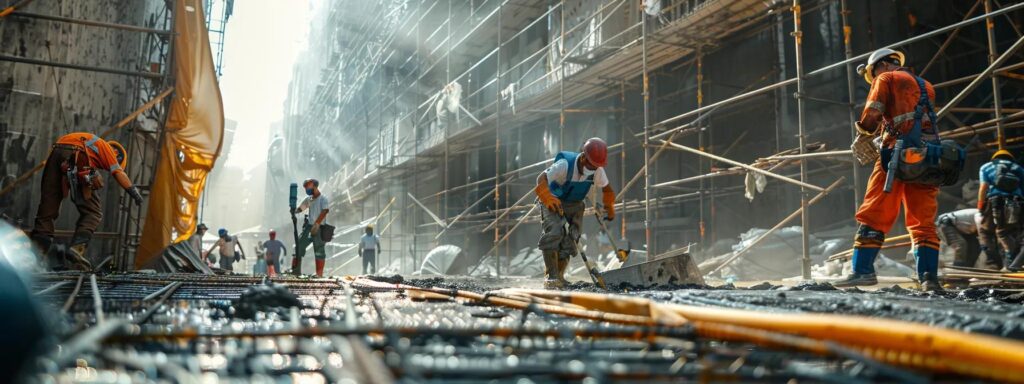 a focused scene inside a bustling construction site showcases skilled roofing contractors in protective gear, expertly using specialized tools to methodically tear off layers of an old roof, with debris being carefully managed in the foreground and scaffolding highlighting the complexity of the project.