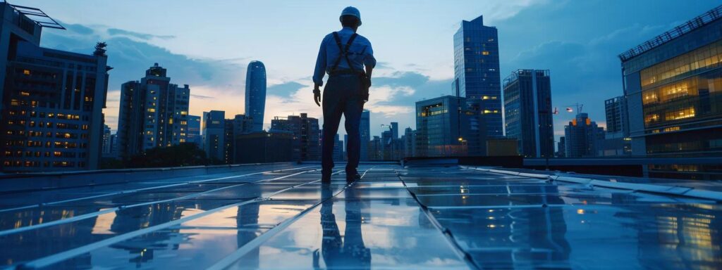 a modern commercial rooftop showcasing a professional inspection in progress, with a technician examining a sleek, energy-efficient metal roofing system against a clear urban skyline, illuminated by soft artificial lighting for a professional atmosphere.