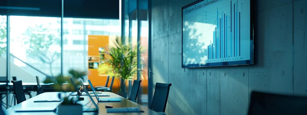 a modern, sleek office environment showcases a presentation on sustainability, with a prominent digital display highlighting the environmental impact of vinyl siding, complemented by a stylish chart comparing its energy efficiency to alternative materials.