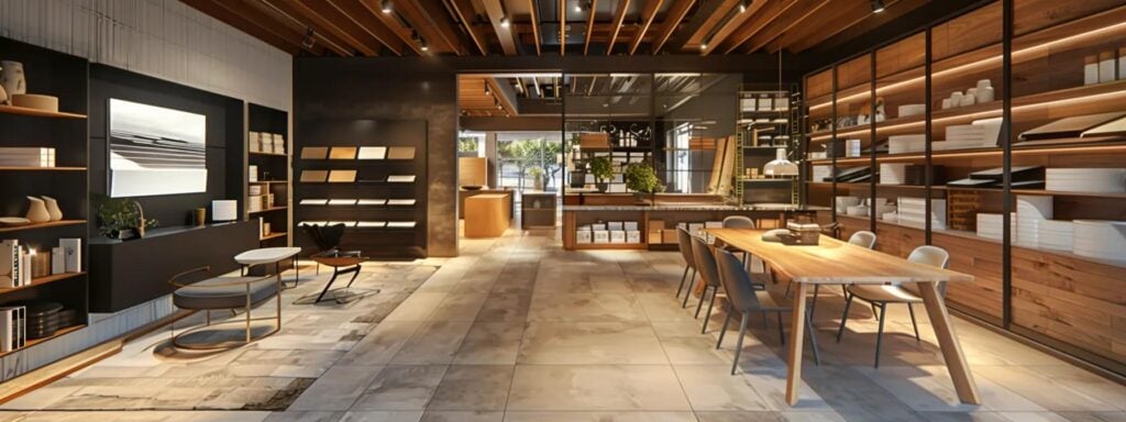 a modern, well-organized office space features an engaging discussion between a knowledgeable roofing contractor and homeowners, with a detailed presentation showcasing various high-quality roofing materials and their benefits displayed on a sleek digital screen, accentuated by professional lighting that creates a focused and productive atmosphere.