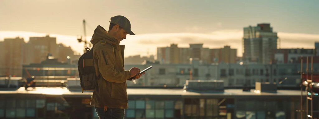 a professional consultant, equipped with a tablet and detailed blueprints, attentively examines a commercial roofing project during an on-site inspection, surrounded by construction materials and roofing samples in a sleek urban environment.