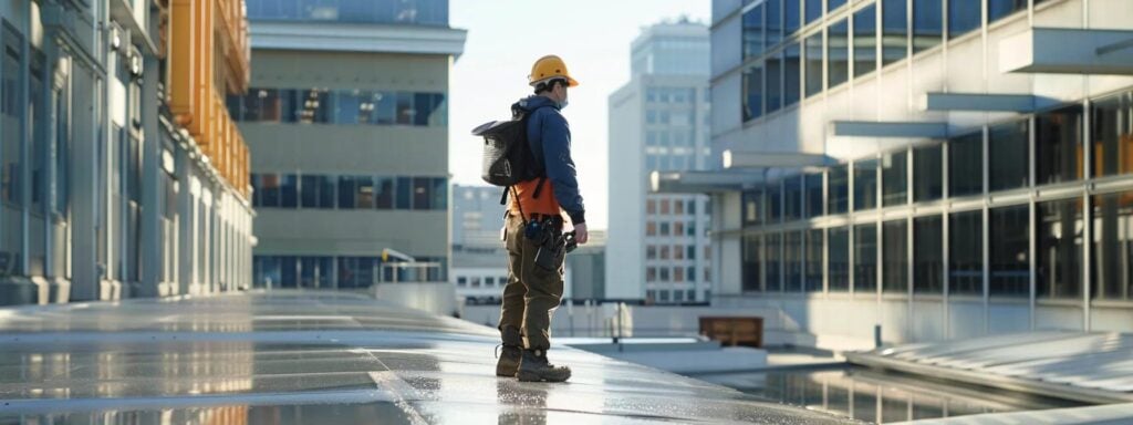 a professional technician conducts a detailed inspection of a commercial roof, equipped with tools and safety gear, meticulously examining the surface and drainage systems against a backdrop of a modern urban office building.
