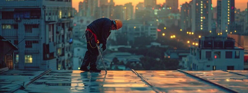 a skilled technician inspects a commercial flat roof with advanced diagnostic tools under bright artificial lighting, revealing areas needing repair while showcasing the industrial backdrop of a bustling urban skyline in the distance.