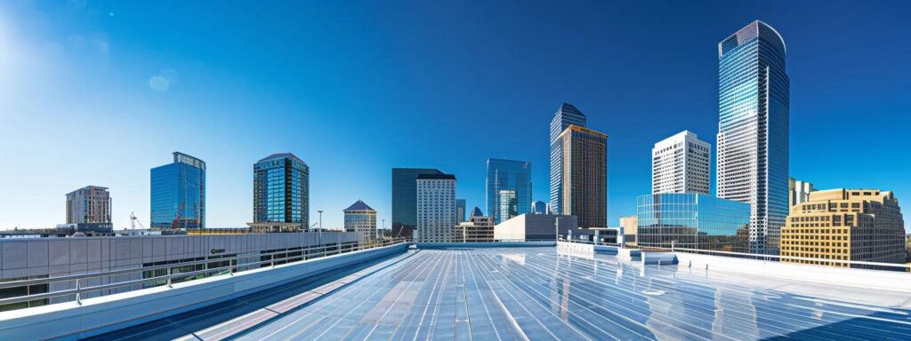 a sleek urban skyline showcases a variety of commercial roofing systems, including modern flat roofs, pitched designs with shingles, and gleaming metal panels, all reflecting advanced engineering and architectural appeal under a clear blue sky.