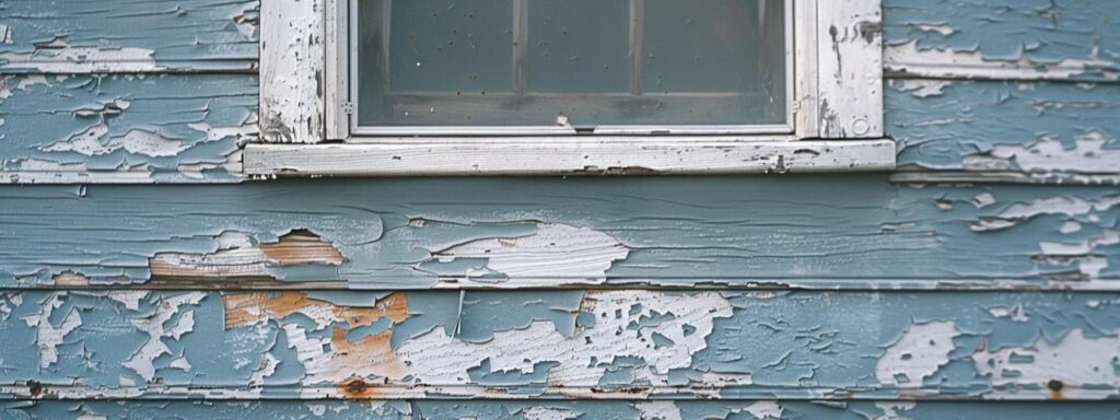 a close-up shot of a weathered house featuring visibly dented and cracked vinyl siding, set against a stark urban backdrop, highlighting the wear and tear from harsh impacts and sun exposure.