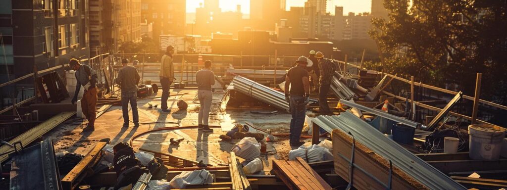 a dynamic scene capturing roofing professionals diligently removing old materials from a building's roof deck, surrounded by tools and debris, in a sunlight-illuminated urban construction site, showcasing the critical preparation phase for a robust new roof installation.