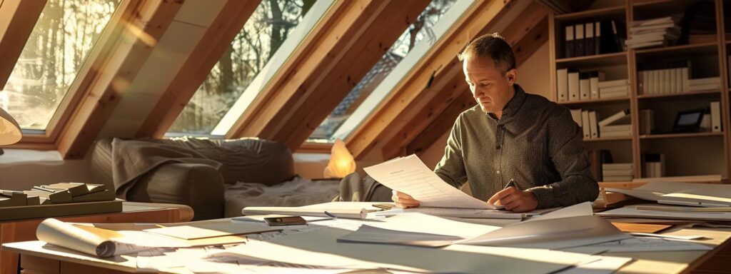 a focused homeowner studies detailed roofing plans and materials in a modern office, surrounded by samples and construction documents, illustrating the meticulous preparation for a roof installation project.