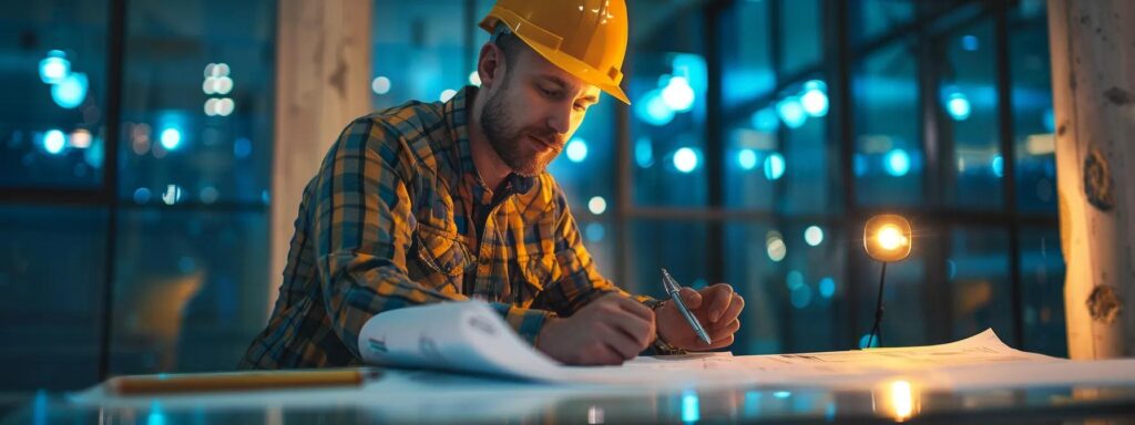 a focused office scene featuring a professional roofing contractor reviewing a detailed contract and blueprints at a conference table, illuminated by bright artificial lighting, emphasizing the importance of clear agreements and permit compliance in construction projects.