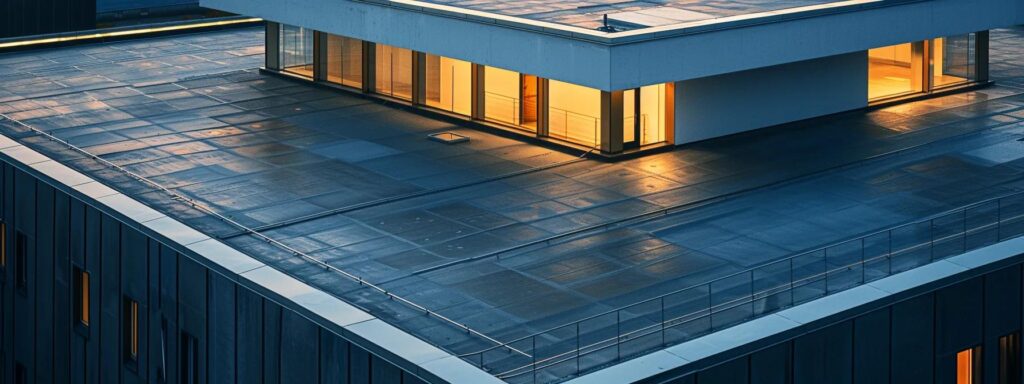 a modern commercial building with a sleek, flat roof topped with high-quality roofing materials, bathed in efficient artificial lighting that highlights the innovative design and structural integrity of peak exterior solutions.