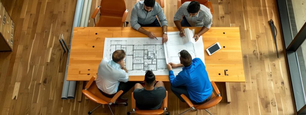 a modern office interior showcases a dynamic team meeting around a sleek conference table, with detailed blueprints and roofing materials displayed prominently, emphasizing peak exteriors' commitment to quality and innovation in commercial roofing solutions.