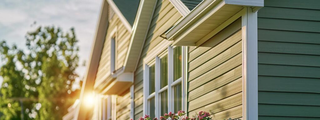 a pristine, well-maintained urban home features vibrant vinyl siding, with a close-up focus on its clean surface reflecting sunlight, emphasizing the importance of regular upkeep and inspection in a modern neighborhood.