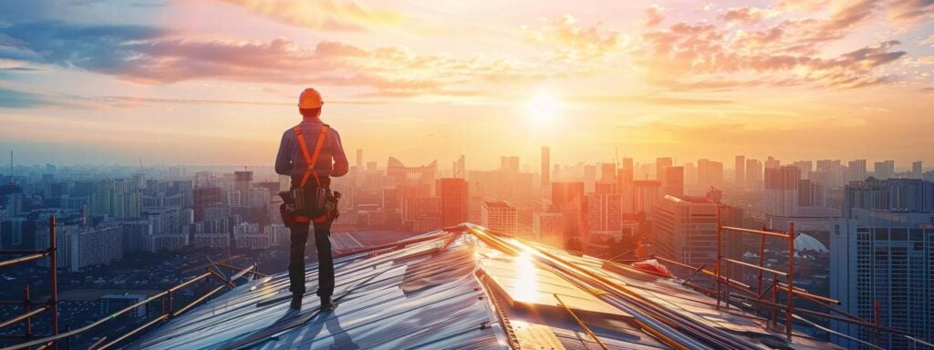 a professional roofing contractor stands confidently on a partially installed roof, surrounded by organized materials and a clear timeline sketch on a tablet, emphasizing strategic planning and communication in the roof installation process against a bright urban skyline.