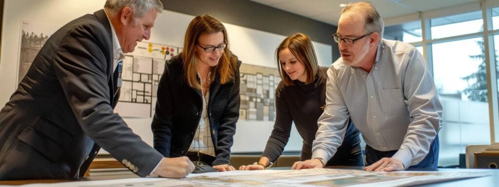a sleek, modern office space showcases a team of professionals engaged in a detailed discussion over blueprints and samples of commercial roofing materials, illuminated by bright, focused overhead lighting that emphasizes the seriousness of their planning.