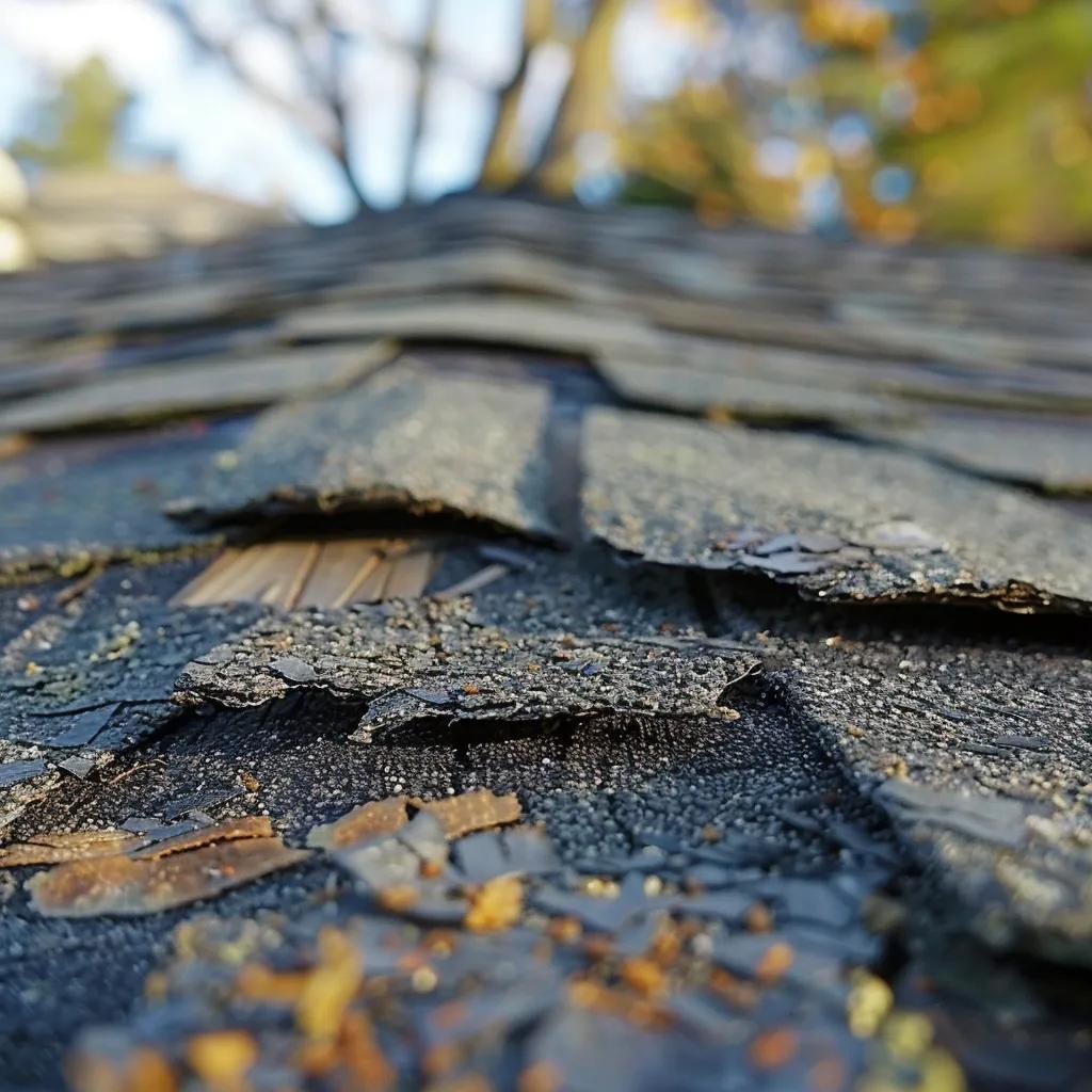 Close-up of common roof issues including curling shingles and visible leaks