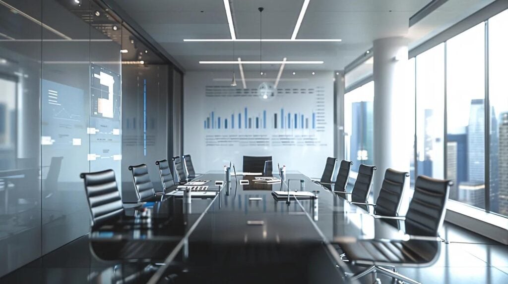 a modern office space features a sleek conference table surrounded by informative charts and diagrams on the walls, illustrating various residential roofing costs and financing options, with an engaging and professional atmosphere.