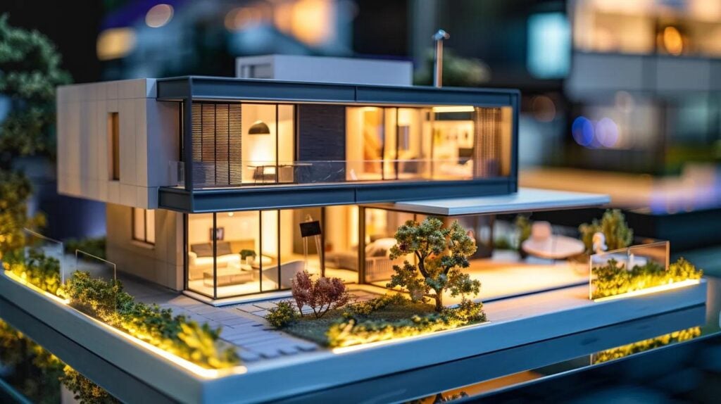 a sleek, modern home is showcased under vibrant artificial lighting, with various roofing materials artfully displayed on a polished conference table, reflecting the meticulous assessment process involved in choosing the best roofing solution.