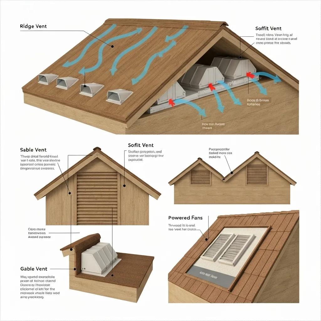 Various types of attic ventilation systems including ridge, soffit, and powered fans, showcasing their features and functions