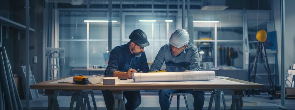 a focused interior shot of a professional roofing contractor's office, featuring a confident contractor discussing roof plans with a client over a blueprint on a sleek conference table, illuminated by bright overhead lights that highlight quality materials and tools in the background.