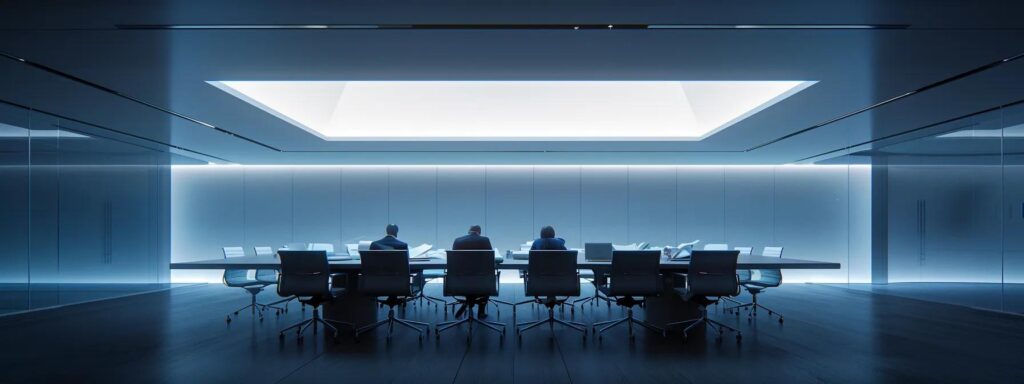 a focused meeting around a sleek conference table, featuring professionals discussing blueprints and cost analyses for roofing projects, illuminated by dynamic overhead lighting in a modern office space.