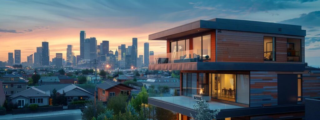 a modern home exterior showcases sleek, sustainable siding materials in an urban setting, highlighting energy efficiency features and smart design against a backdrop of a vibrant city skyline.