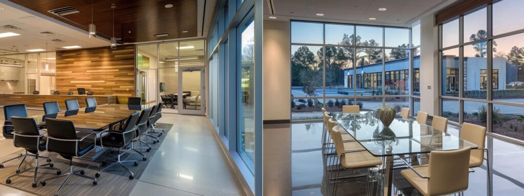 a modern office setting showcases a sleek meeting room with a large glass table and eco-friendly siding samples prominently displayed, highlighting sustainable building materials while soft, warm artificial lighting enhances the inviting atmosphere.