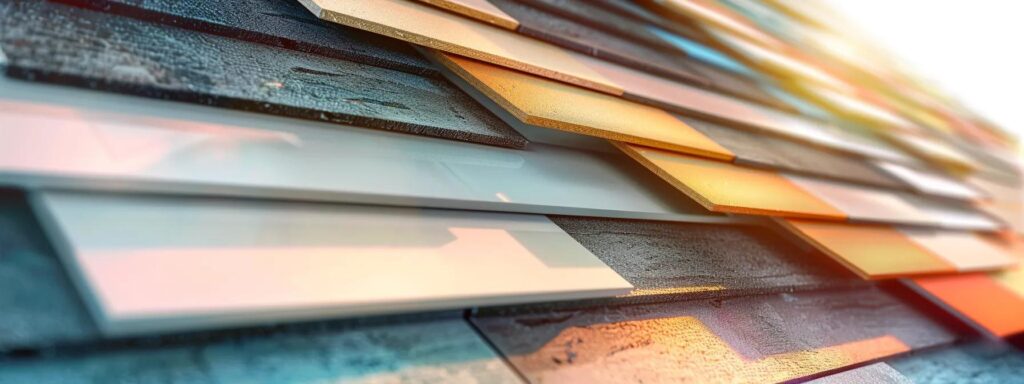 a modern, sleek urban roofing company office showcases a vibrant display of various cost-effective roofing materials and samples, all illuminated by bright, focused studio lighting, emphasizing innovation and practicality.