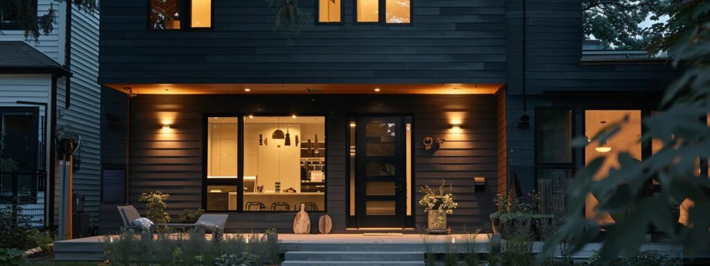 a professional installer meticulously applies eco-friendly siding to a modern home, showcasing precision tools and techniques in a well-lit urban setting that emphasizes the importance of sustainable building practices.