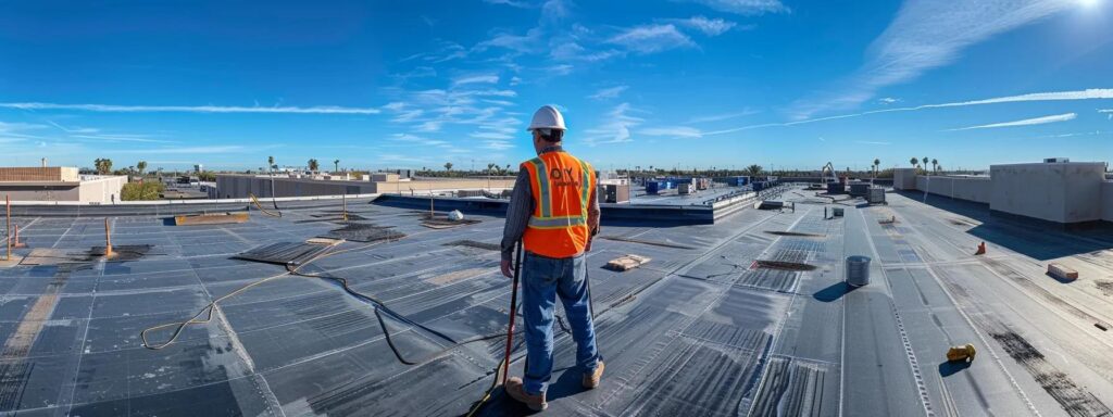 a focused view of a professional roofer inspecting a well-maintained commercial roof under bright artificial lighting, showcasing tools and equipment that symbolize efficient upkeep and long-term durability.
