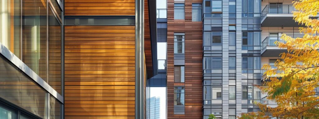 a modern home exterior showcases an array of eco-friendly siding materials, including sleek engineered wood and textured reclaimed wood, accentuated by an urban backdrop that emphasizes sustainable architecture.