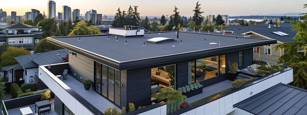 a modern home featuring a chic rooftop, showcasing diverse budget-friendly roofing materials including sleek asphalt shingles and durable metal roofing, set against a stylish urban neighborhood backdrop.