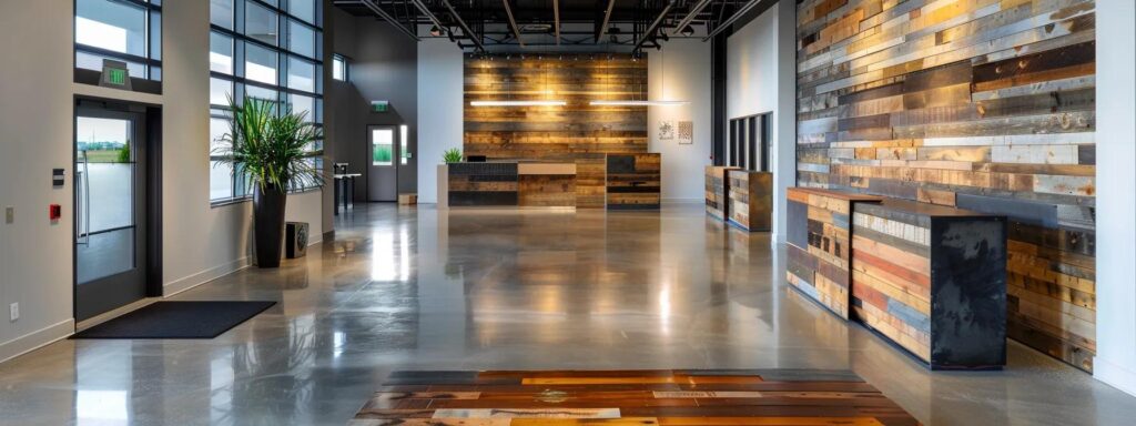 a modern office setting features a sleek, eco-conscious display showcasing various environmentally friendly siding materials, including reclaimed wood and recycled metals, under bright, industrial lighting that highlights their textures and colors.