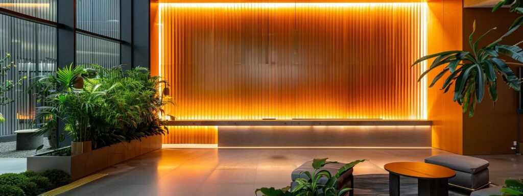 a sleek, contemporary office environment showcases an innovative display of various sustainable siding materials, featuring striking textures and colors against a backdrop of modern architecture, illuminated by dynamic lighting that highlights their eco-friendly properties.