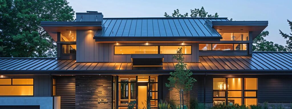 a sleek, modern urban roofing showroom showcases an impressive display of durable roofing materials under bright, focused lighting, emphasizing the blend of aesthetic appeal and long-term value for homeowners.