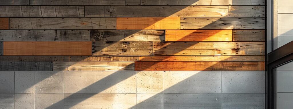 a modern urban home showcases an eye-catching façade made of reclaimed wood and sleek fiber cement siding, highlighting the innovative blend of style and sustainability in contemporary architecture.