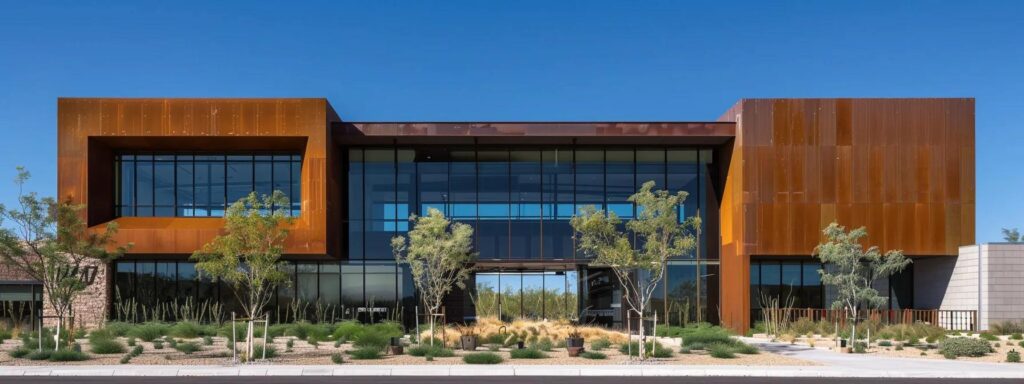 a modern exterior of a stylish urban building showcases a striking combination of fiber cement and metal siding, illustrating the durability and aesthetic appeal of resilient materials against a backdrop of a clear blue sky.