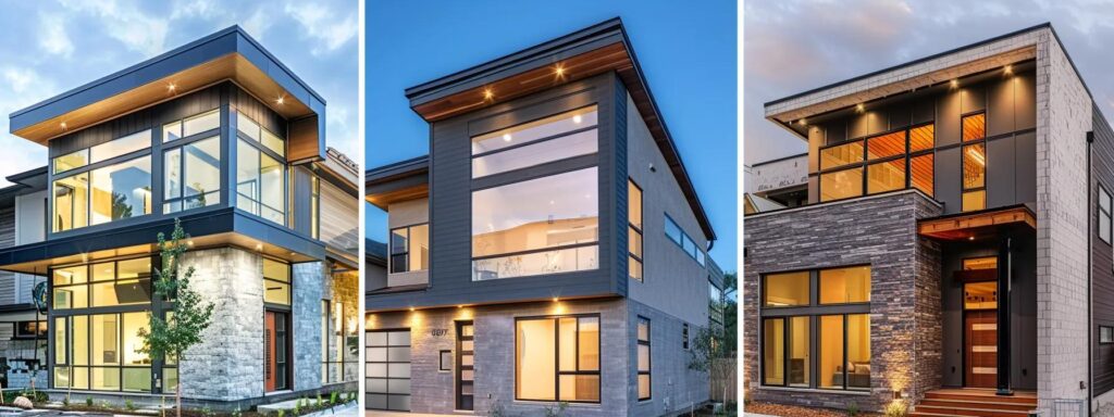 a modern home exterior showcases a variety of durable siding materials, including textured fiber cement and sleek metal, all gleaming under bright artificial lighting in an urban construction site, emphasizing resilience against harsh weather elements.