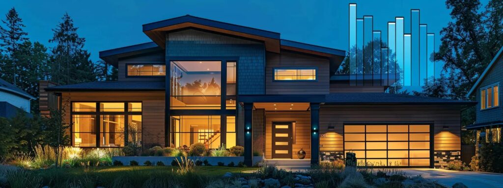 a modern, sleek home exterior showcases insulated siding with a clear, upward graph overlay illustrating significant reductions in energy costs, set against a contemporary urban backdrop with a focus on efficiency and sustainability.
