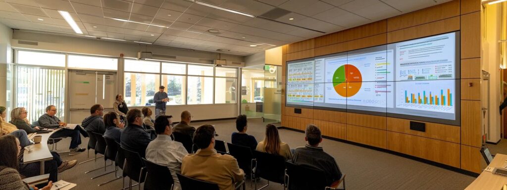 a modern, stylish office interior features a sleek presentation board displaying a striking infographic on the financial benefits of energy-efficient siding, with a professional engaging audience members in an eye-catching, dynamic discussion.