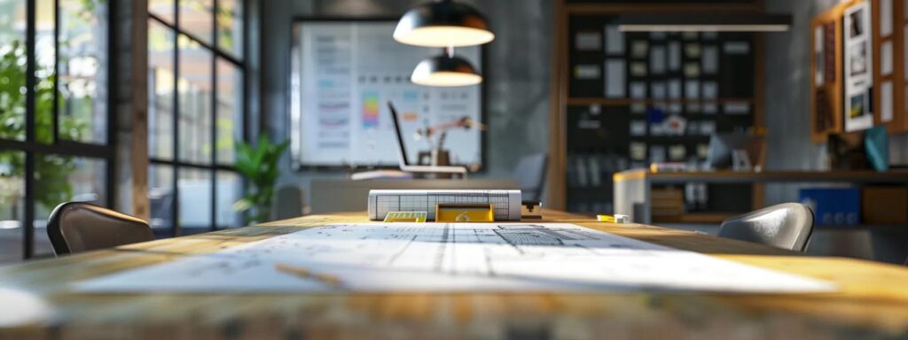 a modern, well-lit office showcasing a sleek conference table surrounded by design blueprints and samples of various high-quality siding materials, embodying the professionalism and expertise of a remodeling contractor.