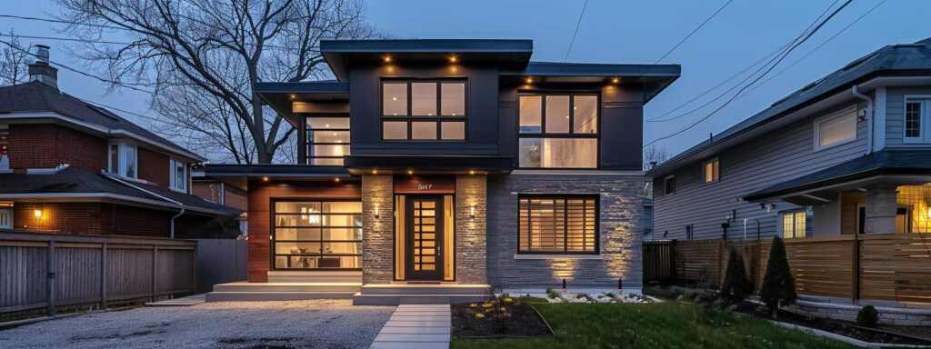 a stylish modern home proudly showcases its newly renovated exterior, featuring sleek lines and contemporary materials that highlight an inviting entrance under soft, ambient lighting in an urban setting.