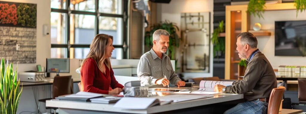 a contemporary office setting showcases a dedicated team of professional contractors engaged in a detailed discussion over architectural blueprints, surrounded by samples of high-quality siding and roofing materials, emphasizing peak exteriors' commitment to custom home transformations.