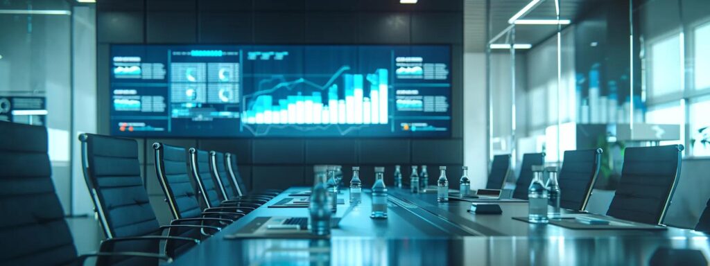 a modern office space features a sleek conference table surrounded by digital screens displaying infographics on siding materials, illustrating the cost versus longevity analysis of various siding options for homeowners.
