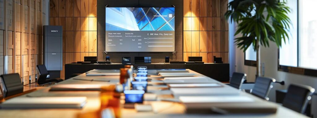 a sleek, modern office setting showcases a display of insulated siding samples arranged on a polished conference table, with a large digital screen in the background highlighting r-value statistics, all under a bright, focused spotlight to emphasize the significance of energy efficiency in building materials.
