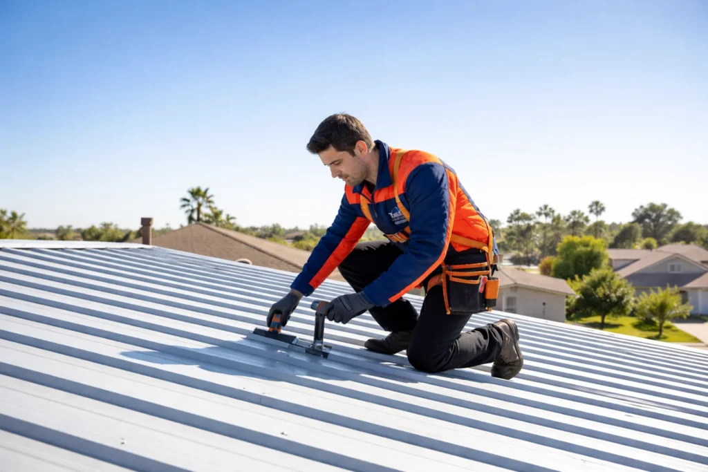 Worker performing metal roof replacement installation